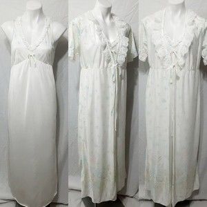 Vintage Paramount New York Peignoir Set Floral White Nightgown & Robe Medium